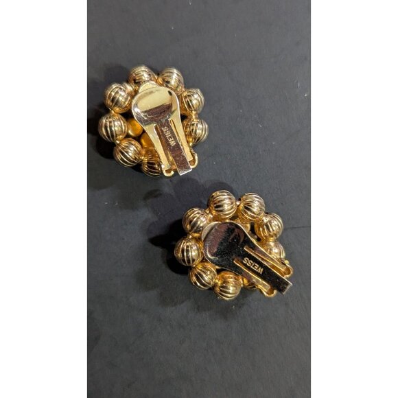 Weiss Gold Tone Clip-On Earrings With Multicolor Rhinestones Retro Flower Design - Picture 5 of 8